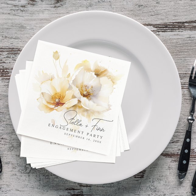 Guardanapo De Papel Noivado Flor de Ouro Branco Elegante (Elegant White Yellow Gold Flower Engagement Napkins)