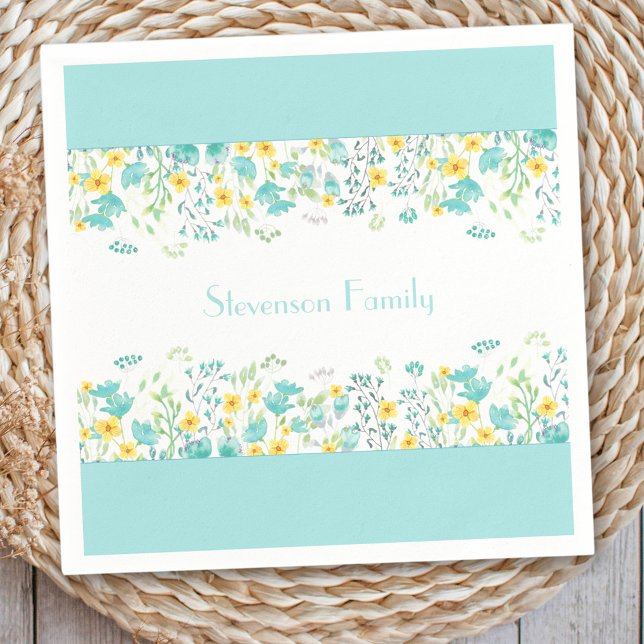 Guardanapo De Papel Nome da Família Floral Primavera Azul Amarelo Amar (Floral Spring Blue Yellow Wildflowers Family Name Napkins)