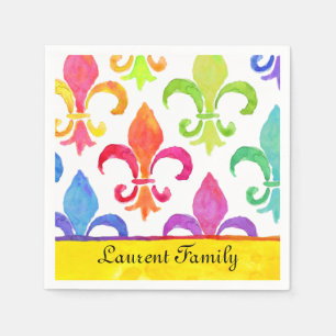 Guardanapo De Papel Nome da Família Mardi Gras Rainbow Fleur de lis