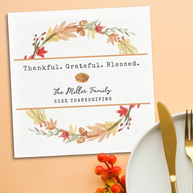 Guardanapo De Papel Nome da Família Personalizado Ação de Graças de Ou (Personalized Thanksgiving Napkin | Thankful Grateful Blessed Custom Family Name Fall Table Setting)