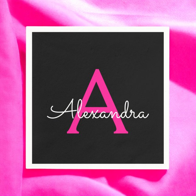 Guardanapo De Papel Nome do Monograma Girly Black Script Hot-Pink (Criador carregado)