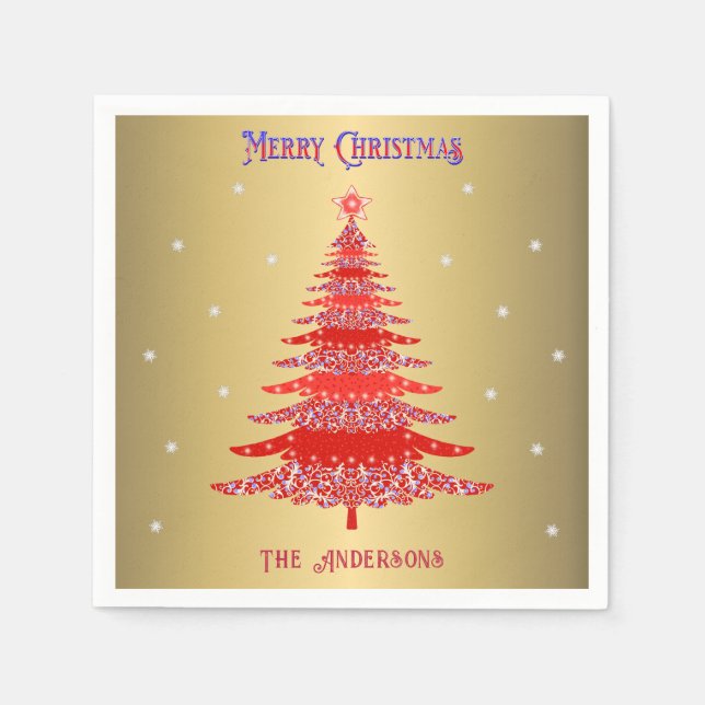 Guardanapo De Papel Nome Dourado da Árvore Vermelha de Natal Moderna (Frente)