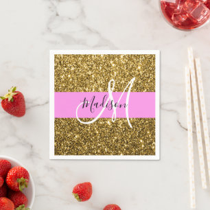 Guardanapo De Papel Nome Monograma Brilho Rosa e Dourado Glamour