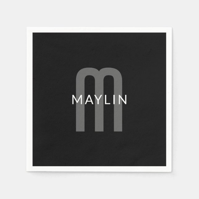 Guardanapo De Papel Nome Monograma de aparência Moderna | Cinza Preta  (Frente)