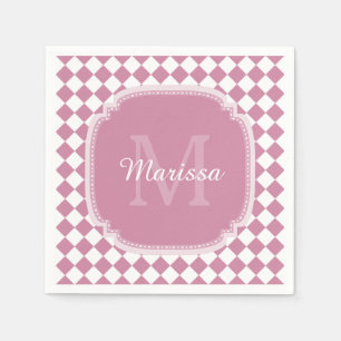 Guardanapo De Papel Nome Monogrammed cor-de-rosa e branco verificado