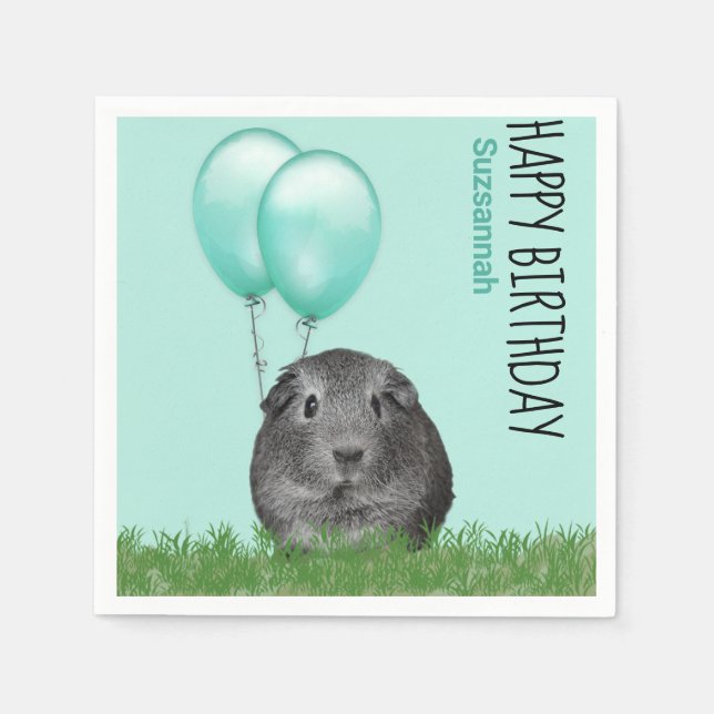 Guardanapo De Papel Nome Personalizado Birthday Guiné Pig Teal Balões (Frente)