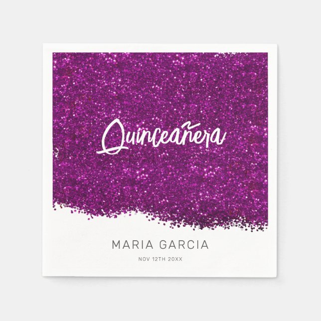 Guardanapo De Papel Nome Personalizado Da Quinceañera Da Glitter Roxo (Frente)