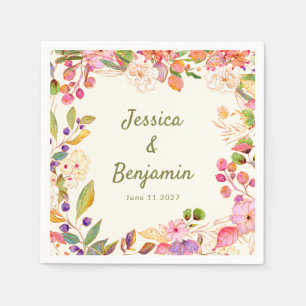 Guardanapo De Papel Nome Personalizado de Casamento Floral de Cores Aq