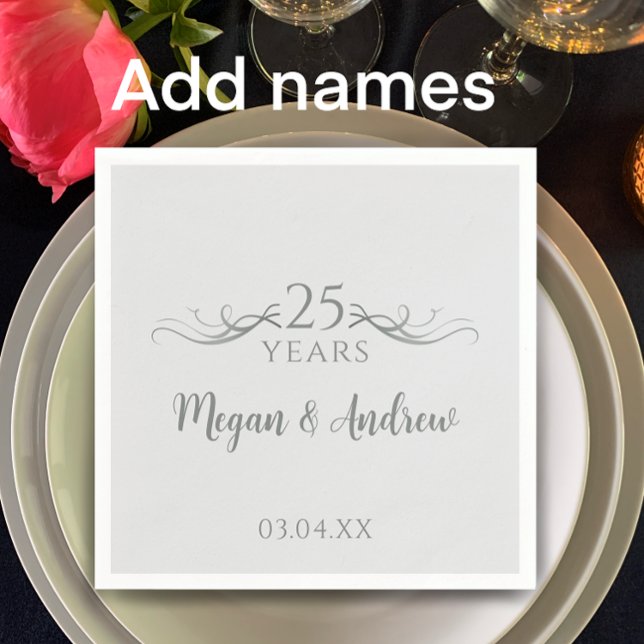 Guardanapo De Papel Nomes de Casal Moderno 25º Aniversário de Casament (Customize this unique elegant silver 25th wedding anniversary party napkin w/ couple’s names & date
)