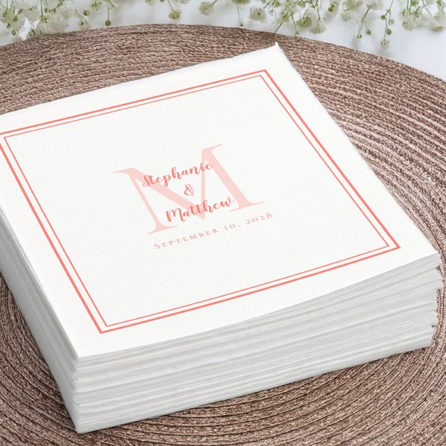 Guardanapo De Papel Nomes de Casamento Modernos Data Monograma Coquete (Modern Wedding Names Date Monogram Coral Cocktail Napkins)