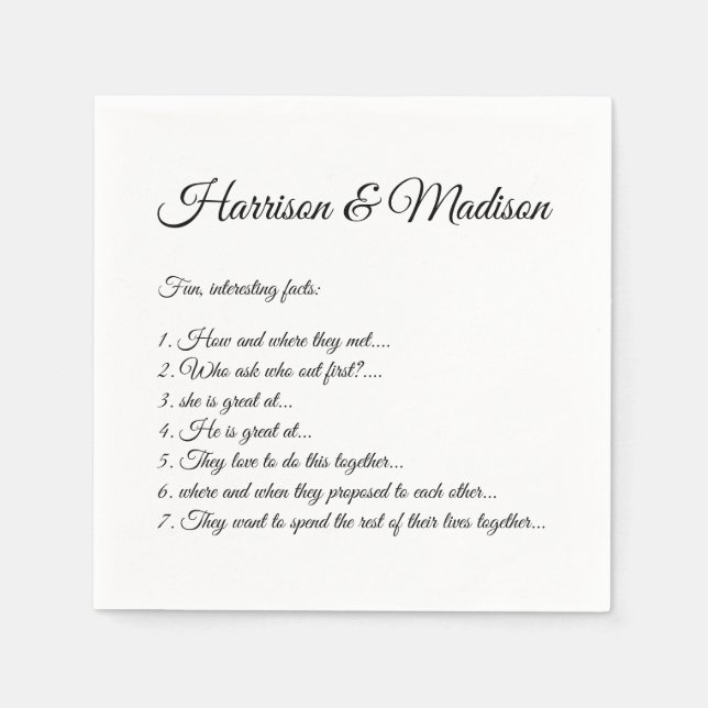 Guardanapo De Papel Nomes de Script de Casamento Fatos de Divertimento (Frente)