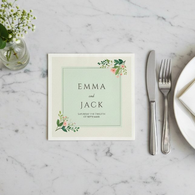 Guardanapo De Papel Nomes de verdejante rosa suave e data de casamento (Botanical frame, green wedding napkin with bride and groom names.)