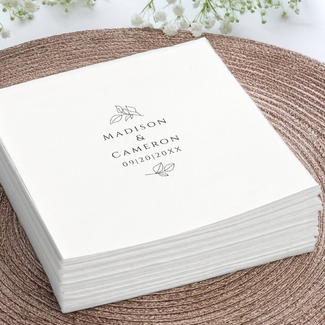 Guardanapo De Papel Nomes e data que o casamento legante deixa preto e (Names & Date Elegant Wedding Leaves Black & White Napkins)