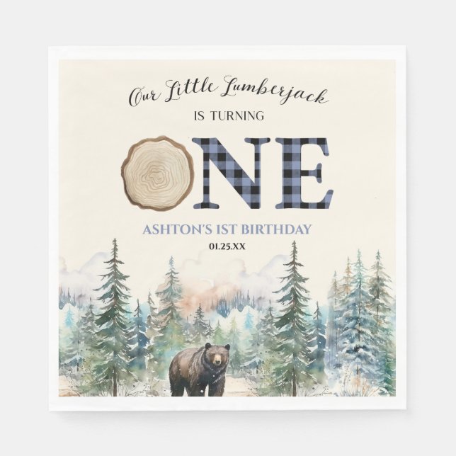 Guardanapo De Papel Nosso Pequeno Lumberjack Bear Blue primeiro aniver (Frente)