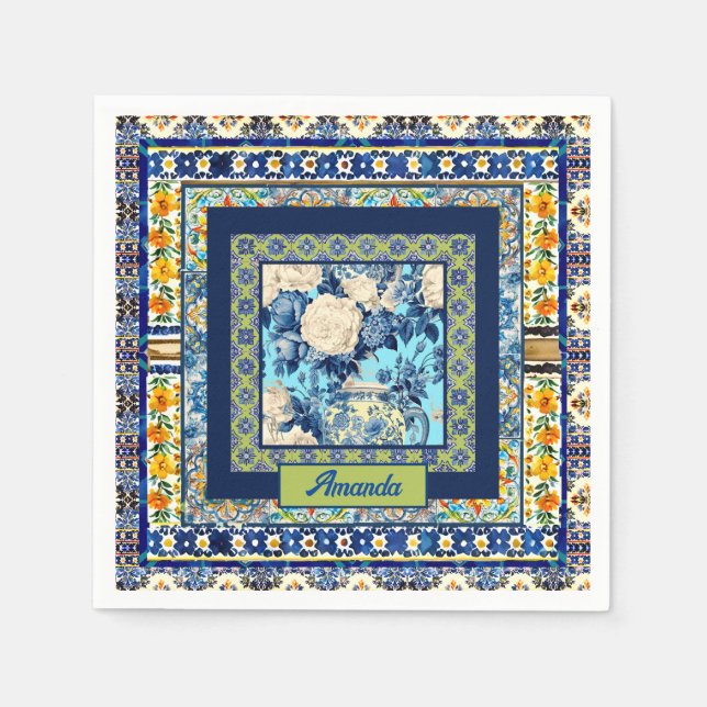 Guardanapo De Papel Nota de monograma elegante de azulejo azul floral (Frente)