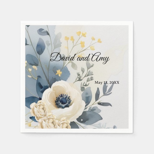 Guardanapo De Papel Núcleos de coquetéis florais, azuis e brancos (Frente)