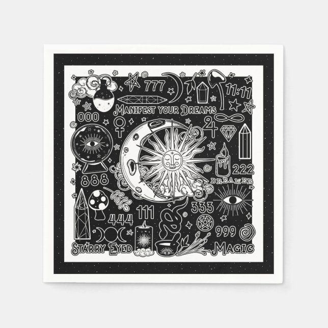 Guardanapo De Papel Numerologia Sortuda Manifestando Preto e Branco Má (Frente)