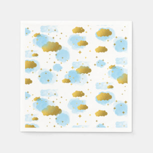 Guardanapo De Papel Nuvens de Aquarela Azul Douradas Estrelas Céu
