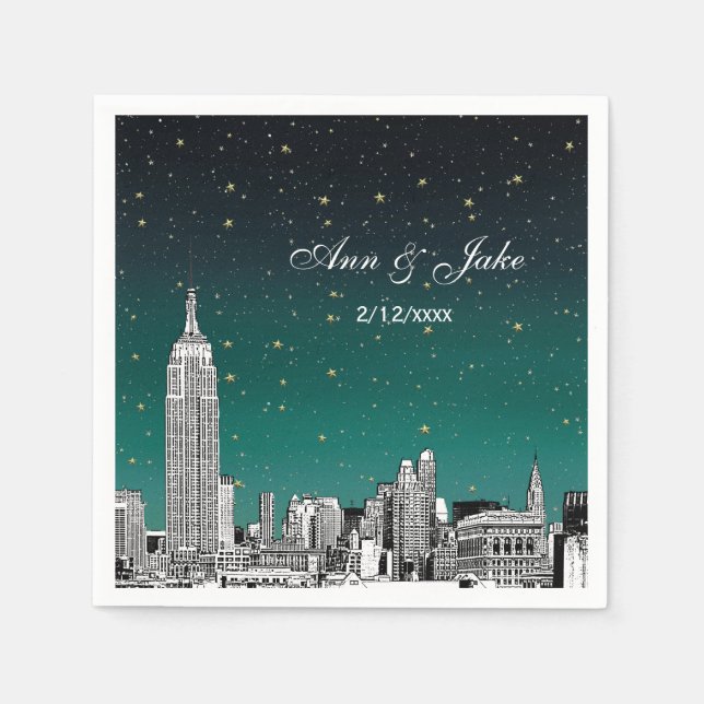 Guardanapo De Papel NYC Skyline Shades de Casamento Teal Starry (Frente)