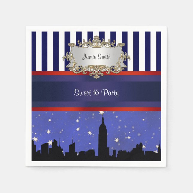 Guardanapo De Papel NYC Skyline Sil Blue Sky2 Blue Wht Strp Sweet 16 (Frente)