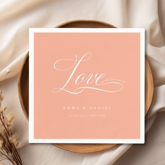 Guardanapo De Papel O amor é tudo o que você precisa! Elegante, casame (Love is all you need! Elegant, wedding Napkins, scripted font with your name & date.)