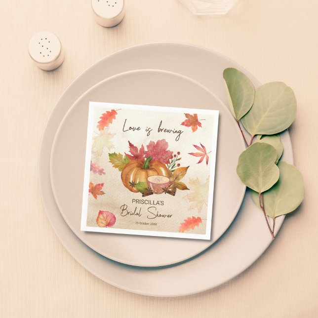 Guardanapo De Papel O amor está borbulhando no outono, noivado de outo (Love is brewing fall autumn bridal shower monogrammed customized napkins template personalized decor)
