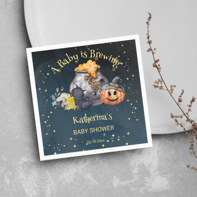 Guardanapo De Papel O bebê do chá de fraldas de Halloween está se prep (Halloween baby is brewing baby shower tableware personalized napkins starry night brewing pot pumpki)