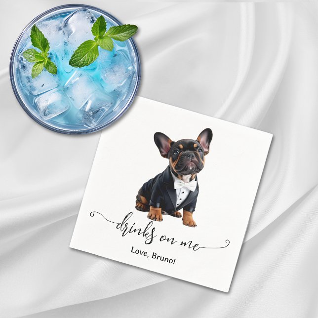 Guardanapo De Papel O Cachorro Francês Bebe No Casamento De Cachorro (French Bulldog Puppy Drinks On Me Dog Wedding Napkins)