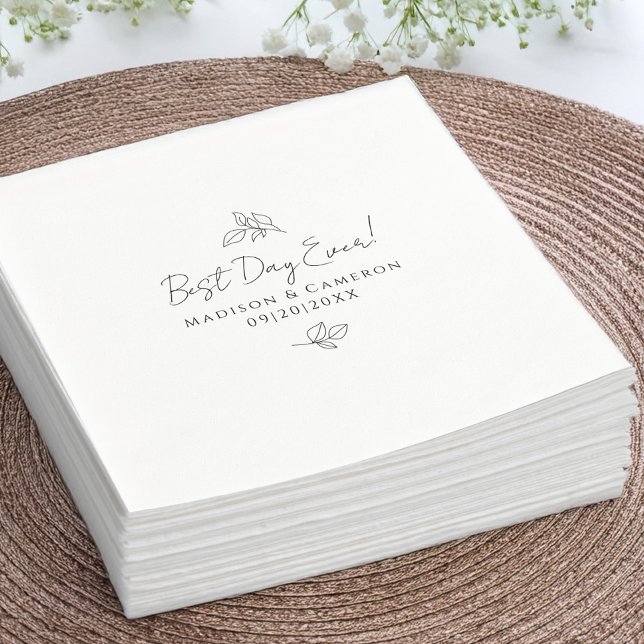 Guardanapo De Papel O Melhor Dia De Casamento Elegante Deixa Preto E B (Best Day Ever Elegant Wedding Leaves Black & White Napkins)