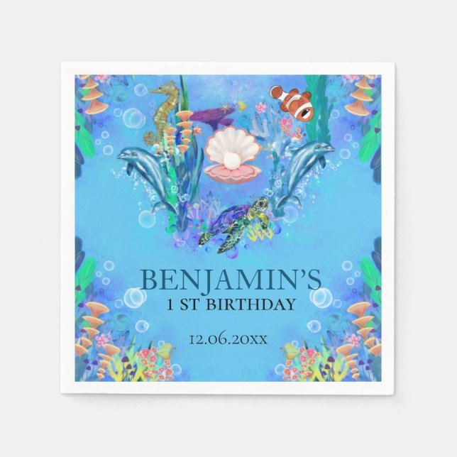 Guardanapo De Papel Oceanos Animais Selvagens Um Aniversário Nápoles (Frente)