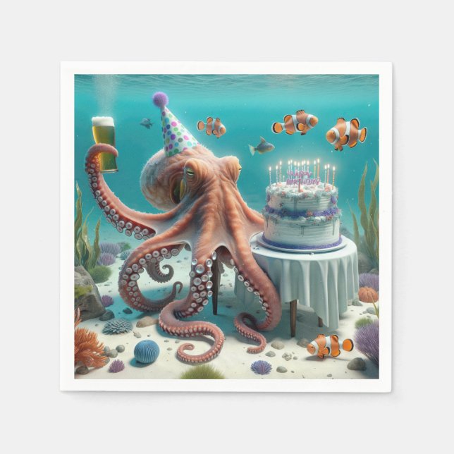 Guardanapo De Papel Octopus de aniversário com cerveja (Frente)