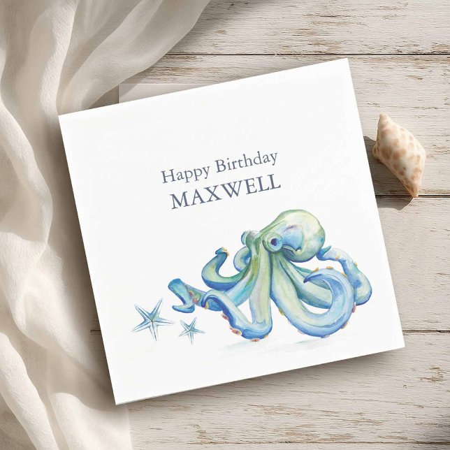 Guardanapo De Papel Octopus de Aniversário da Festa Napkins Kid (Beach birthday party theme napkins watercolor blue octopus by Victoria Grigaliunas Do Tell A Belle)