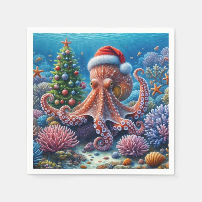 Guardanapo De Papel Octopus de Natal Vestindo um Chapéu Santa (Frente)