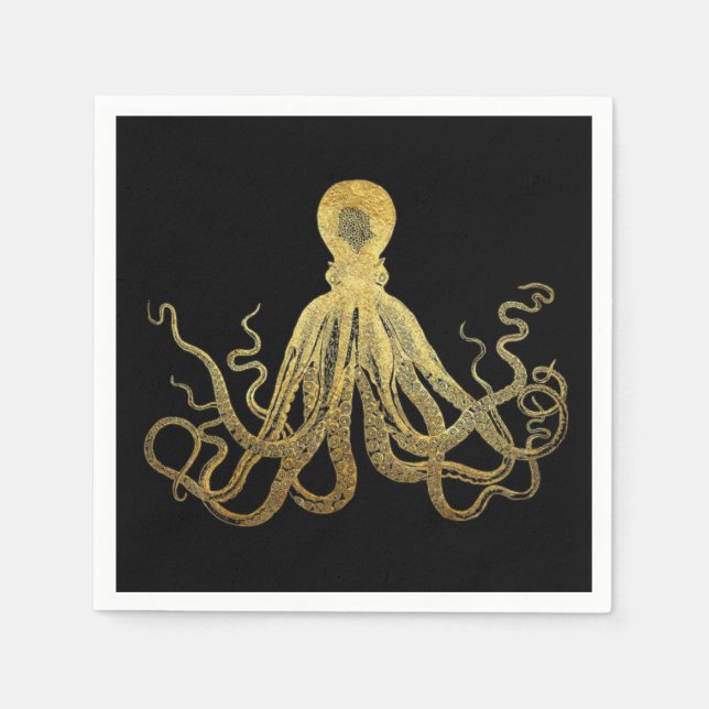 Guardanapo De Papel Octopus Dourado de Tinta Preta  Costeira Náutica (Frente)