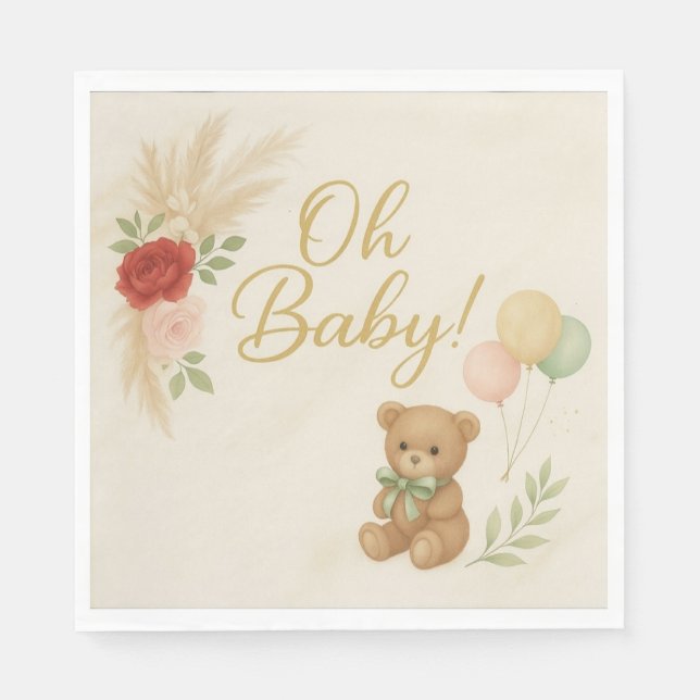 Guardanapo De Papel Oh Baby Shower Napkins with Teddy Bear & Pampas  (Frente)