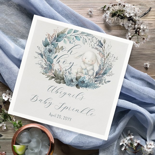 Guardanapo De Papel Oh Boy Bunny Rabbit Blue Floral Baby Sprinkle (Bunny Rabbit and Blue Floral Wreath Boy Baby Sprinkle Paper Napkin - "Oh Boy" Bunny Collection)