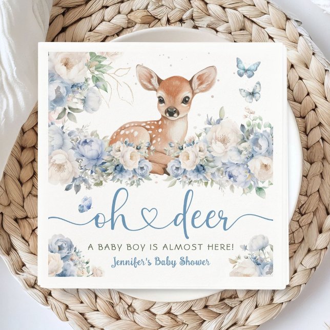 Guardanapo De Papel Oh Deer Baby Shower Boy Dusty Blue Paper Napkin (Criador carregado)