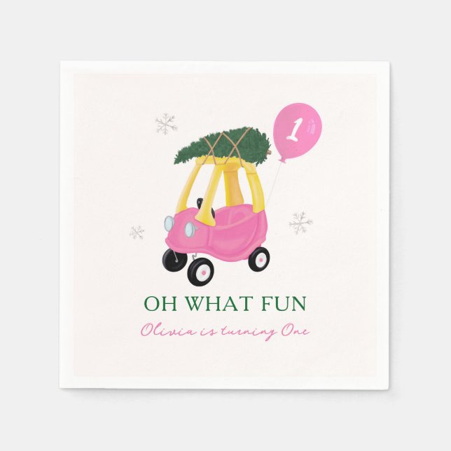 Guardanapo De Papel Oh What Fun Pink Christmas Car 1st Birthday Party  (Frente)