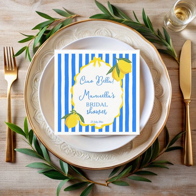 Guardanapo De Papel Olá bela listras azuis limões chá de panela (Ciao bella blue stripes wavy border lemons Italian bridal shower monogrammed printed napkins)