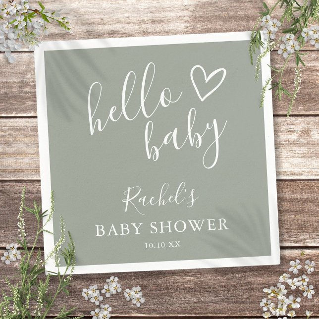 Guardanapo De Papel Olá Chá de fraldas Sexo Neutro Boho Sage Green (Hello Baby Shower Gender Neutral Boho Sage Green Napkins)