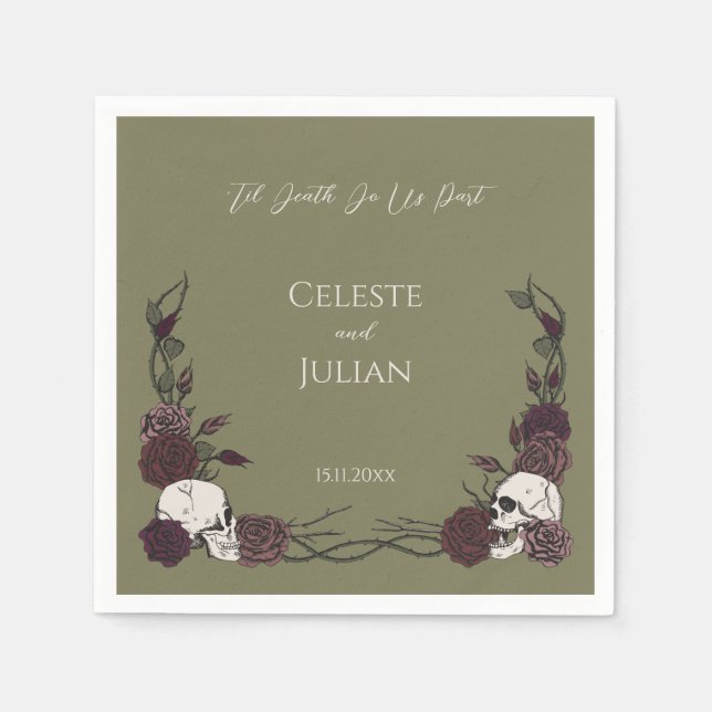 Guardanapo De Papel Olive Green Brown Til Death Skulls & Roses Wedding (Frente)