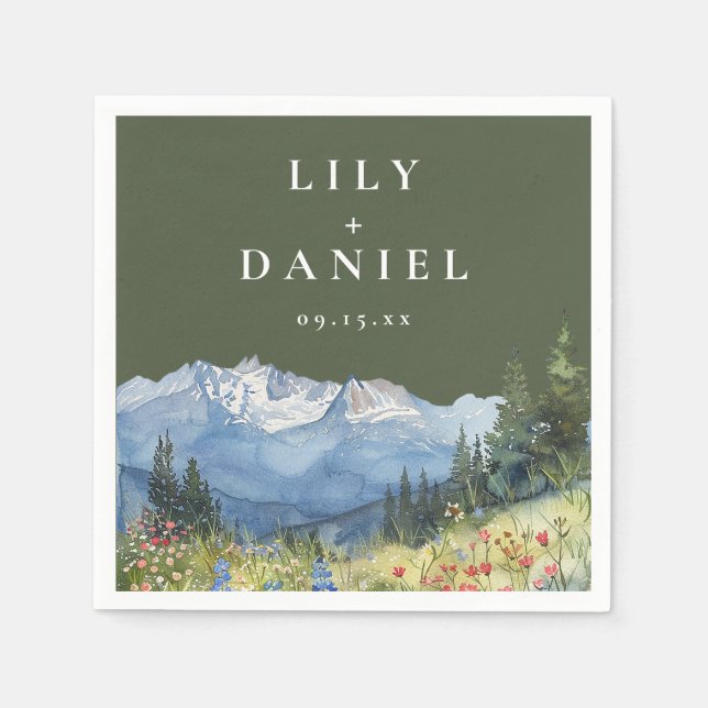 Guardanapo De Papel Olive Green Watercolor Mountain Wildflower Wedding (Frente)