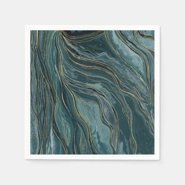Guardanapo De Papel Ondas Abstratas de Aquarela Azul Turquesa Dourado (Frente)