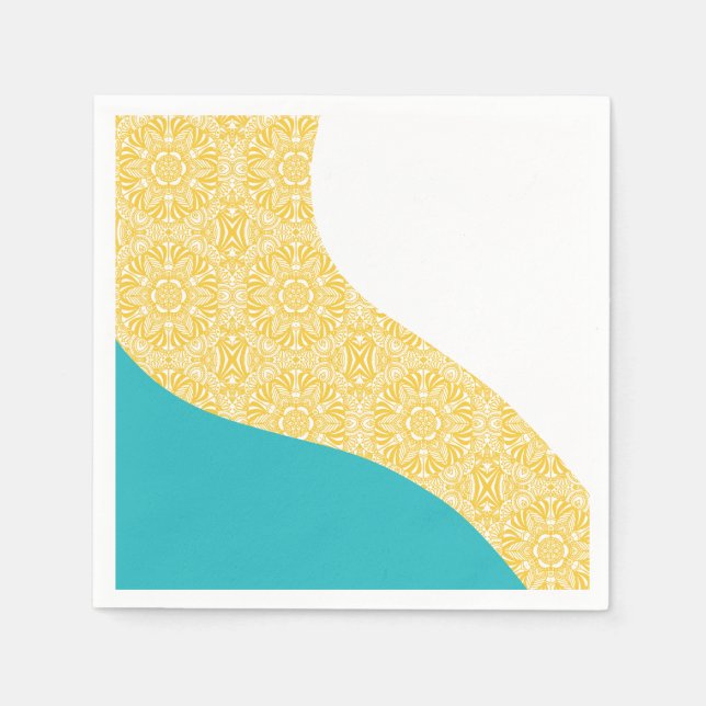 Guardanapo De Papel Ondas Simples - Turquesa de Padrão Floral e Amarel (Frente)