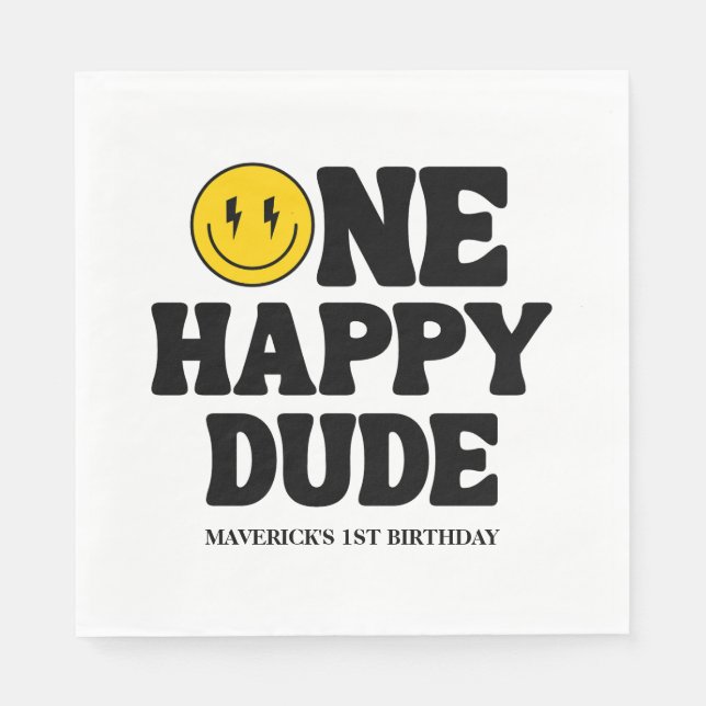 Guardanapo De Papel One Happy Dude Boy's Retro 1st Birthday  (Frente)