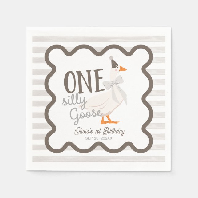 Guardanapo De Papel One Silly Goose Beige Bow 1st Birthday (Frente)