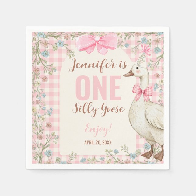 Guardanapo De Papel One Silly Goose Birthday Pink Gingham  (Frente)