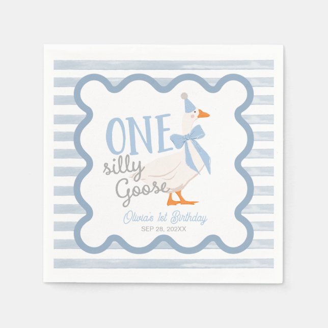 Guardanapo De Papel One Silly Goose Blue Bow 1st Birthday (Frente)