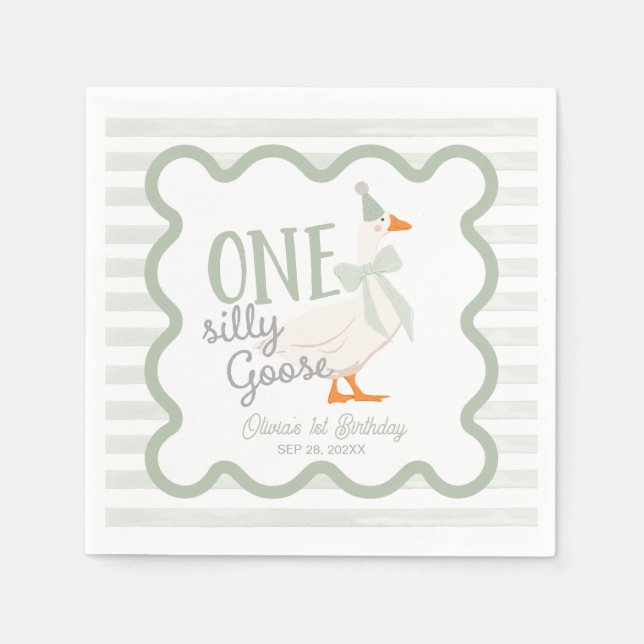 Guardanapo De Papel One Silly Goose Green Bow 1st Birthday (Frente)