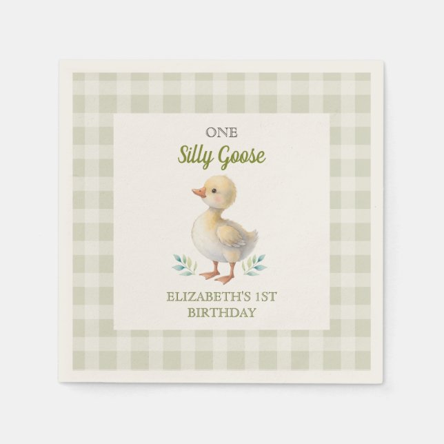 Guardanapo De Papel One Silly Goose Green Gingham Baby First Birthday (Frente)